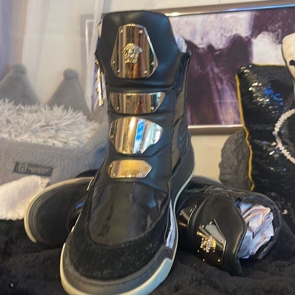 Versace techno gold plate black fashion sneaker medusa head 44/10 high top guc